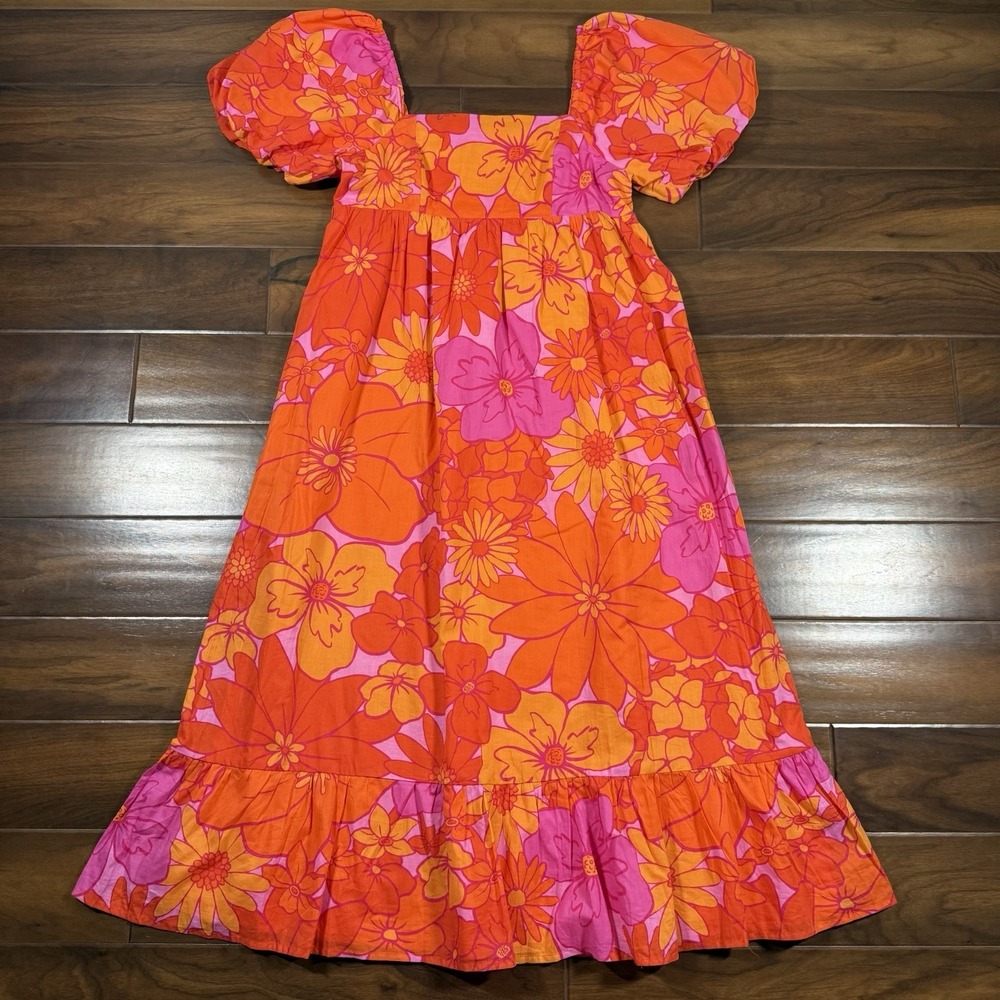 J.Marie Women's Size Large Orange Pink Floral Lizzie Babydoll Midi‎ Dress